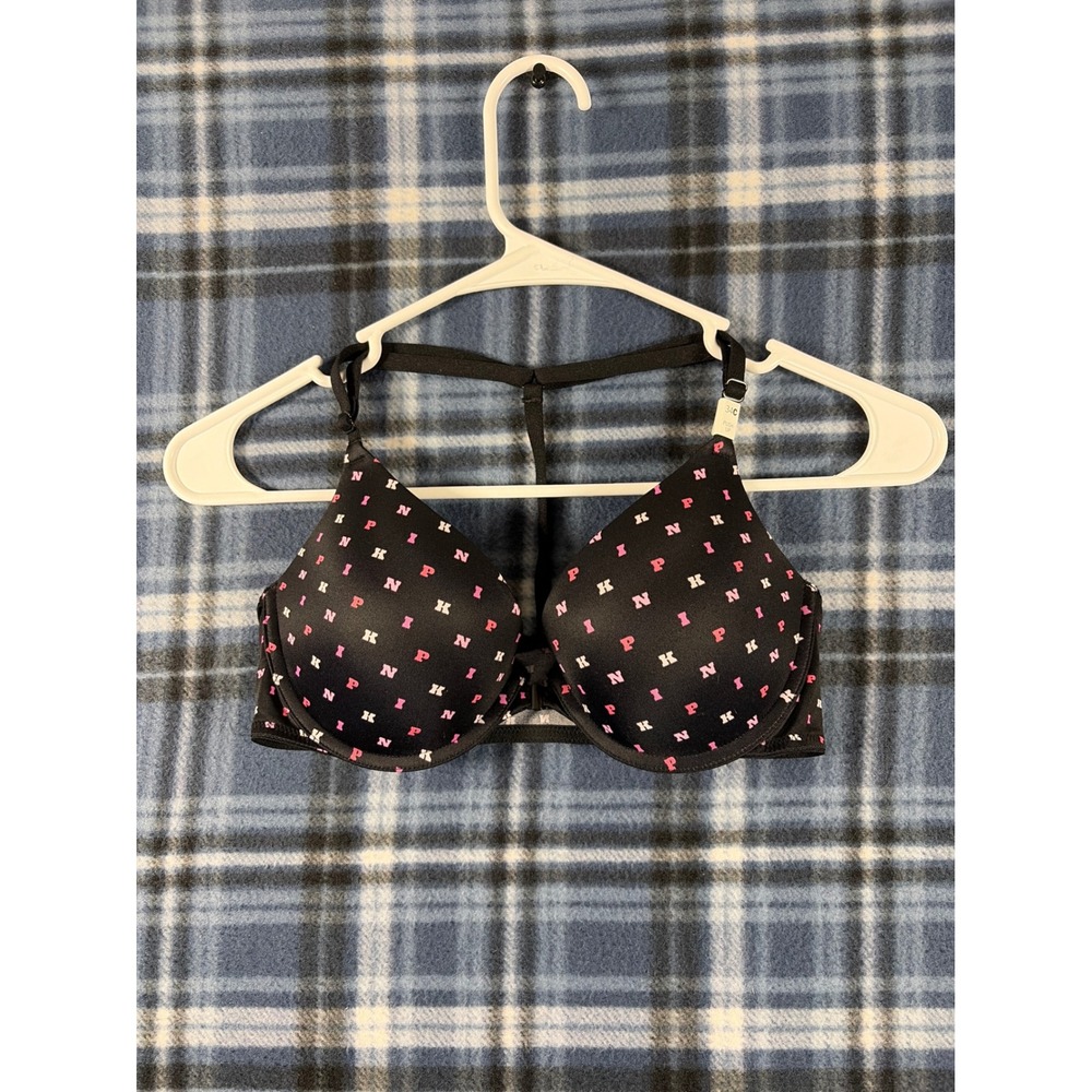 Victoria's Secret PINK Wear Everywhere T-Shirt Push Up Bra Black Logo 34C 7A6A - Picture 1 of 6